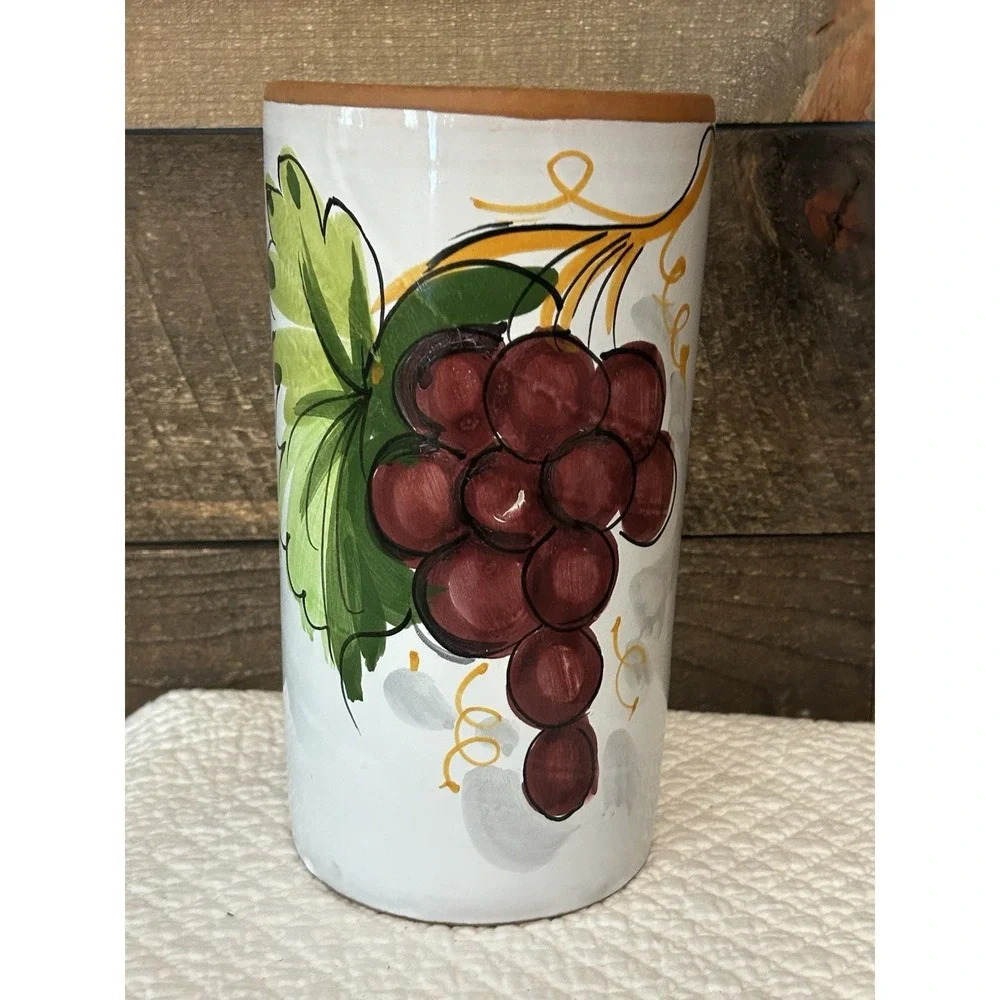 Pier 1 Terracotta Glazed Purple Grapes Hand painted Italy Wine Cooler Utensils